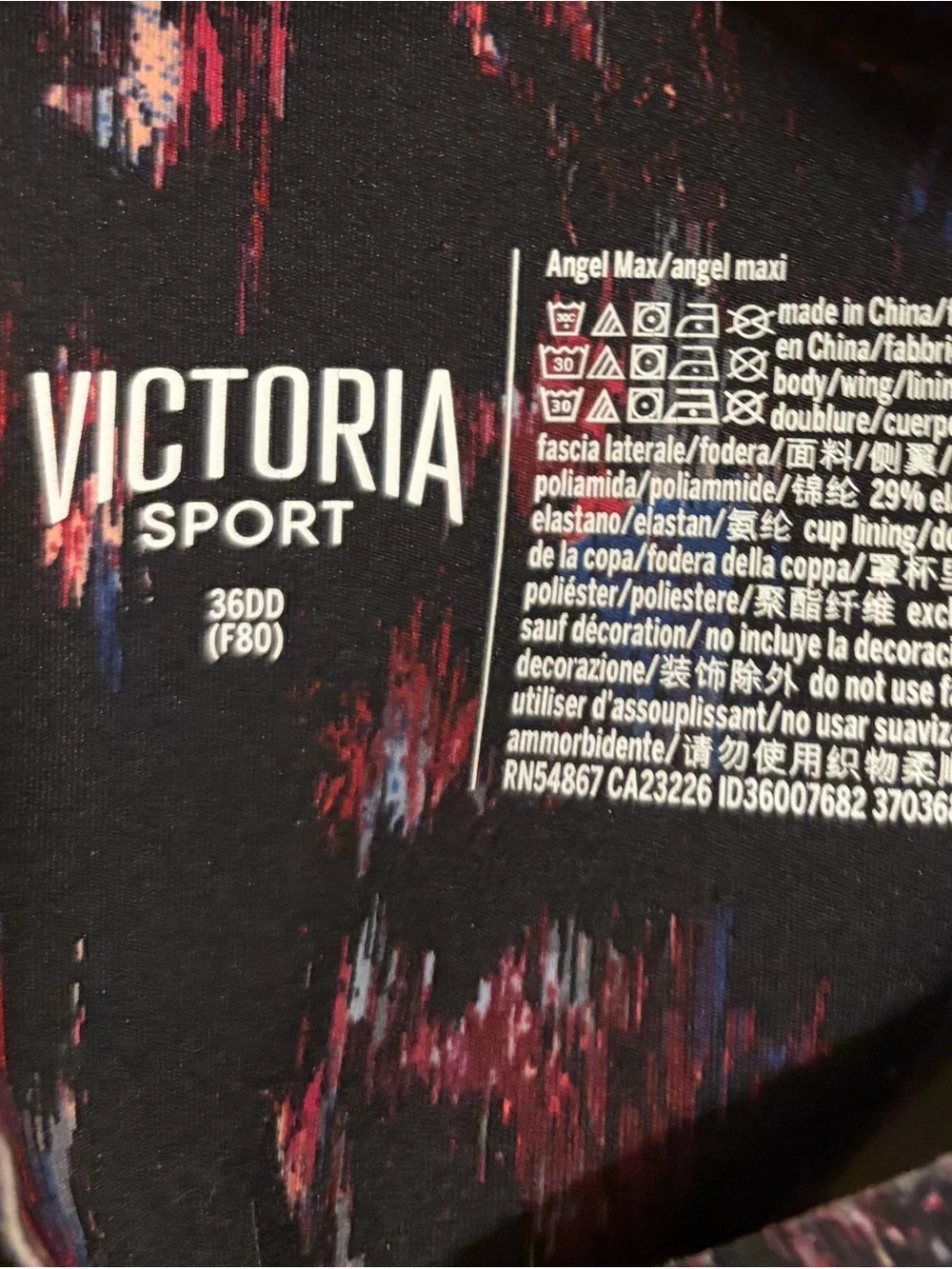 Victoria Sport Black Sports Bra with Red and Blue Abstract Print